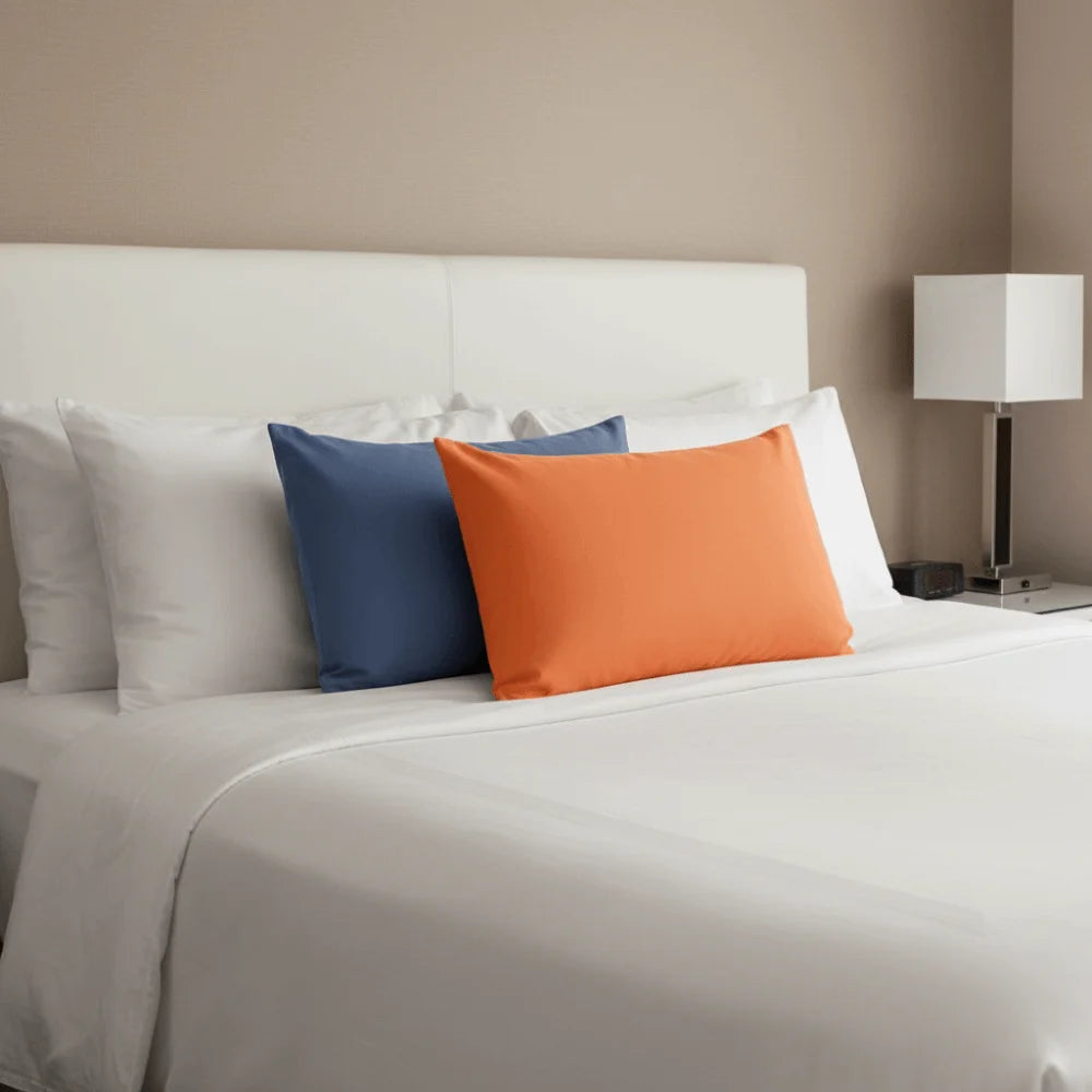 taies d'oreiller polyester coton motif uni bleu marine orange gris moderne fixations pack coussins