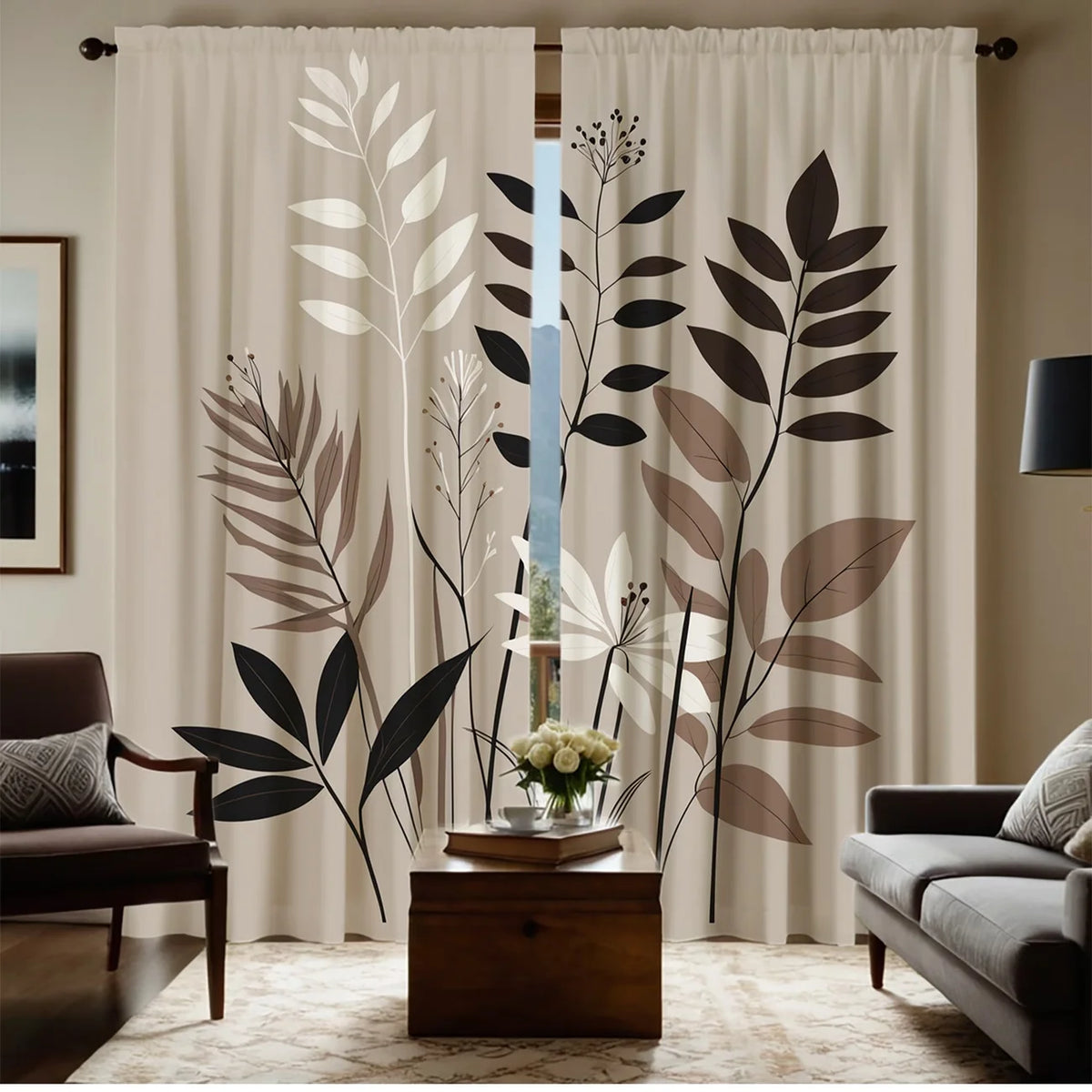 rideau semi transparent feuilles stylisées moderne polyester 100% 24x59in x2
