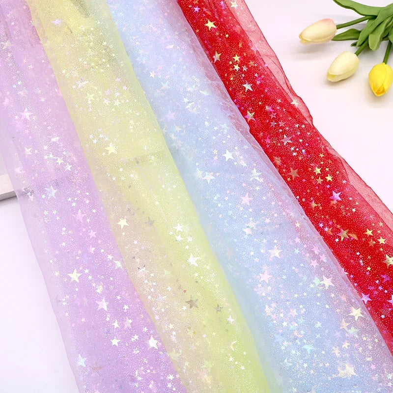 tissu translucide étoiles dorées paillettes violet vert bleu rouge rose blanc décoration événementiel bricolage