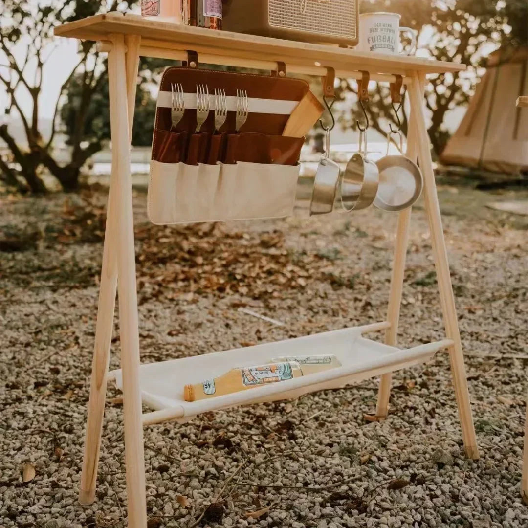 étagère multifonctionnelle bois moderne porte utensils clips métalliques planche découper camping