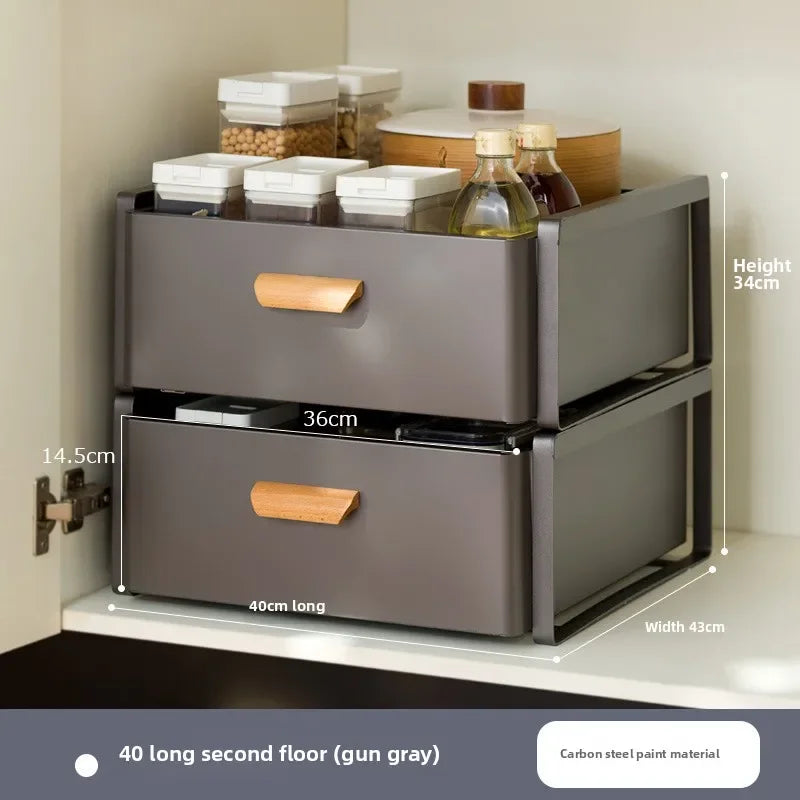 meuble tiroirs cuisine gris blanc poignées bois rangement sous évier