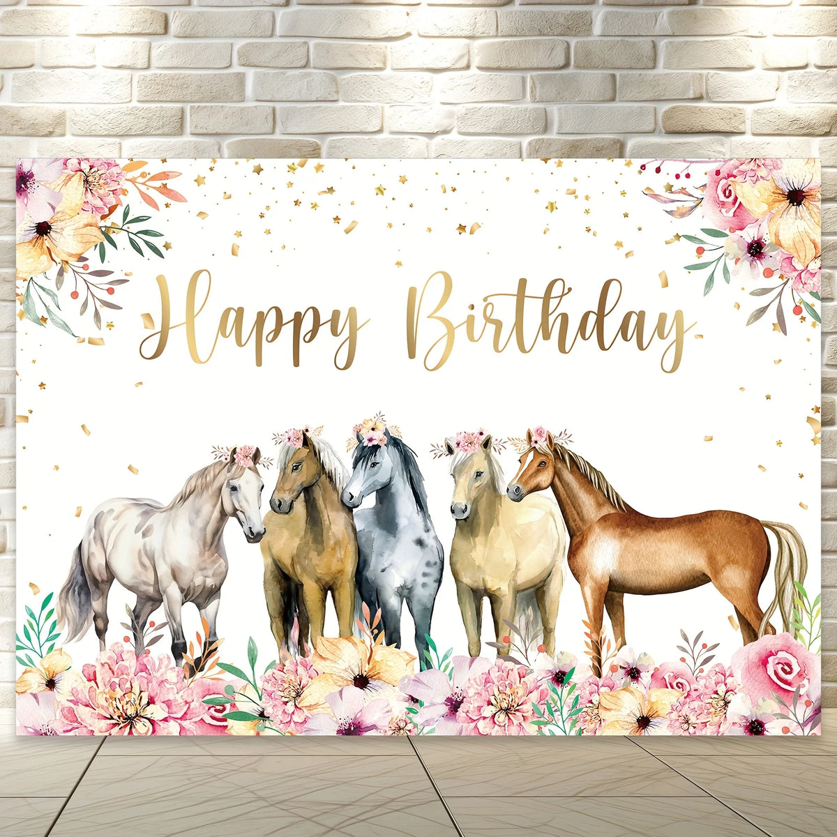 toile fond anniversaire chevaux fleurs dorées fête décoration festiveOpaque cupcakes bonbons macarons