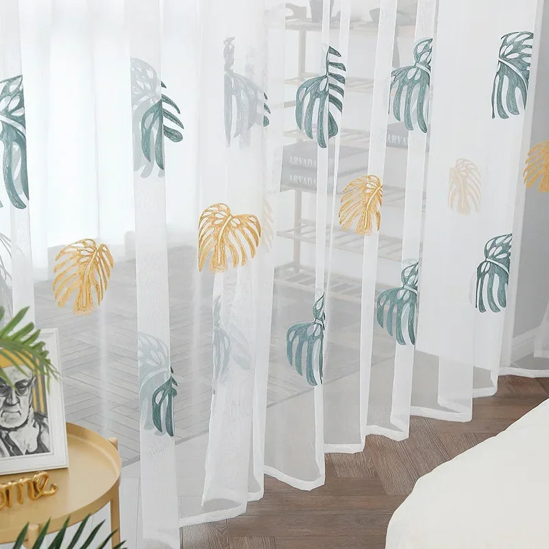 rideau blanc transparent motif feuilles tropicales moderne salon chambre