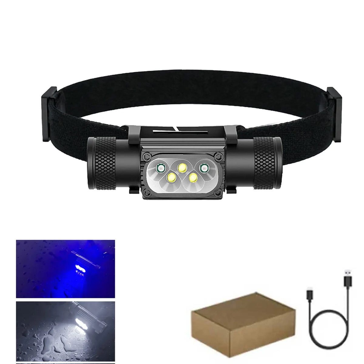 lampe torche rechargeable led uv blanc rouge verte bleue pêche chasse ceinture moderne
