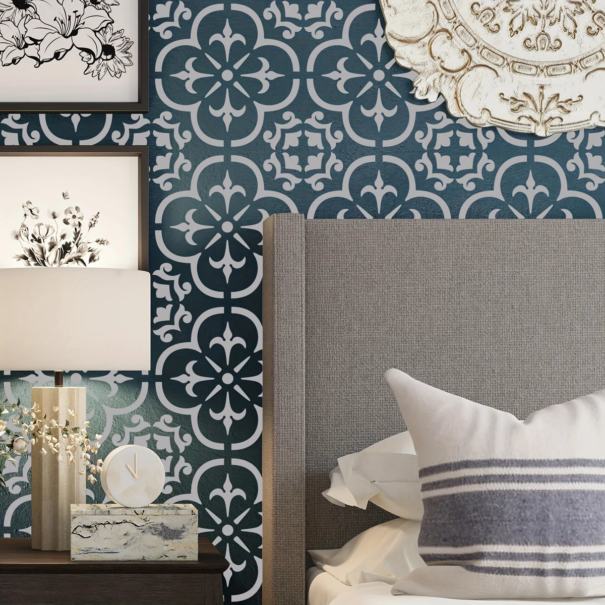 pochoirs carreaux décoratifs noir blanc floral géométrique opaques adhésifs 12 pouces mandala réutilisables mur