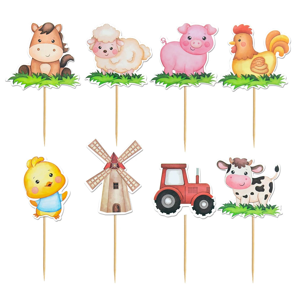 décoration anniversaire cupcake picks animaux dessin animé mouton cochon poulet tracteur illustration festive enfants