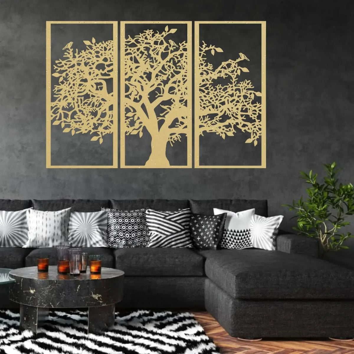 panneaux decoratifs metal arbre oiseaux noir or moderne minimalisteintérieur decoration chambre salon