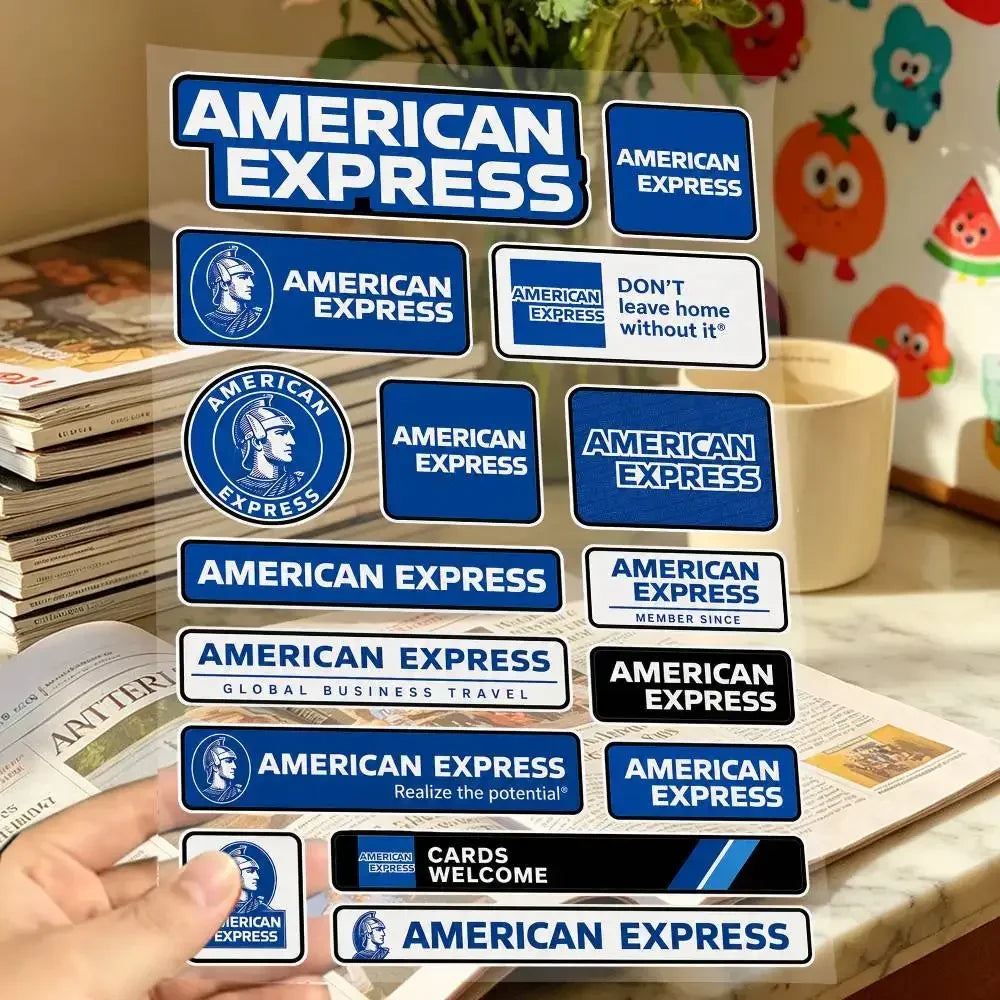 stickers american express vintage adhésifs bleu blanc rouge marron transparents motifs logos