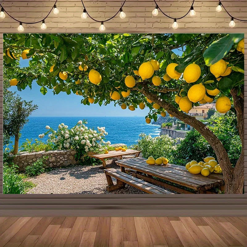 Poster mural paysage marin arbres fruitiers vert jaune bleu beige