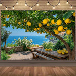 Poster mural paysage marin arbres fruitiers vert jaune bleu beige