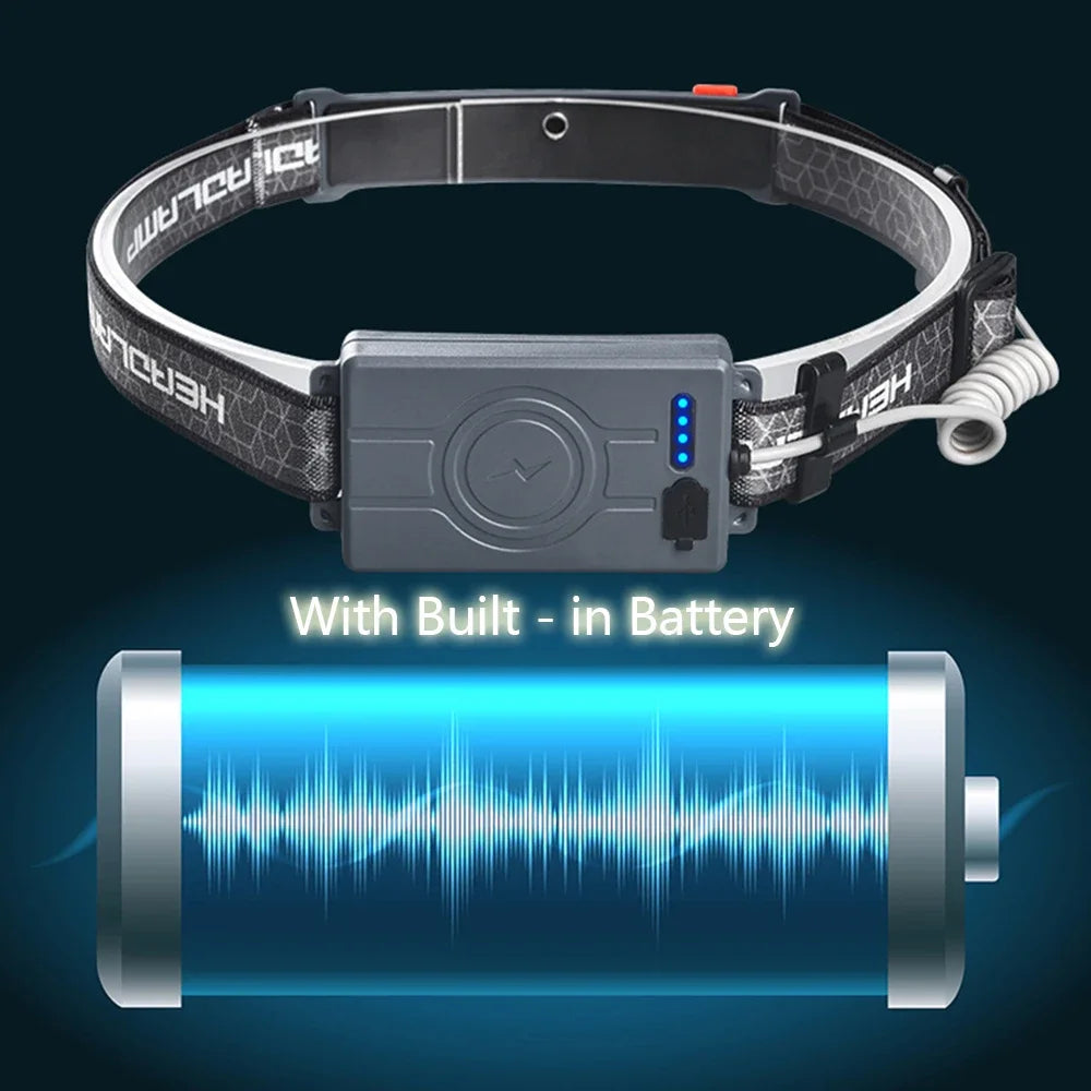 lampe frontale rechargeable led 5w gris noir ceinture ajustable mode pêche étanche 60deg modernisée