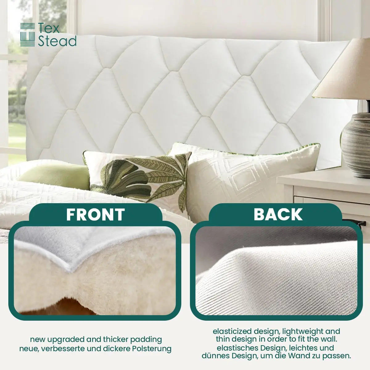 couvre tête lit gris blanc motif géométrique velours moderne adhésif poches rembourrage épais qualité