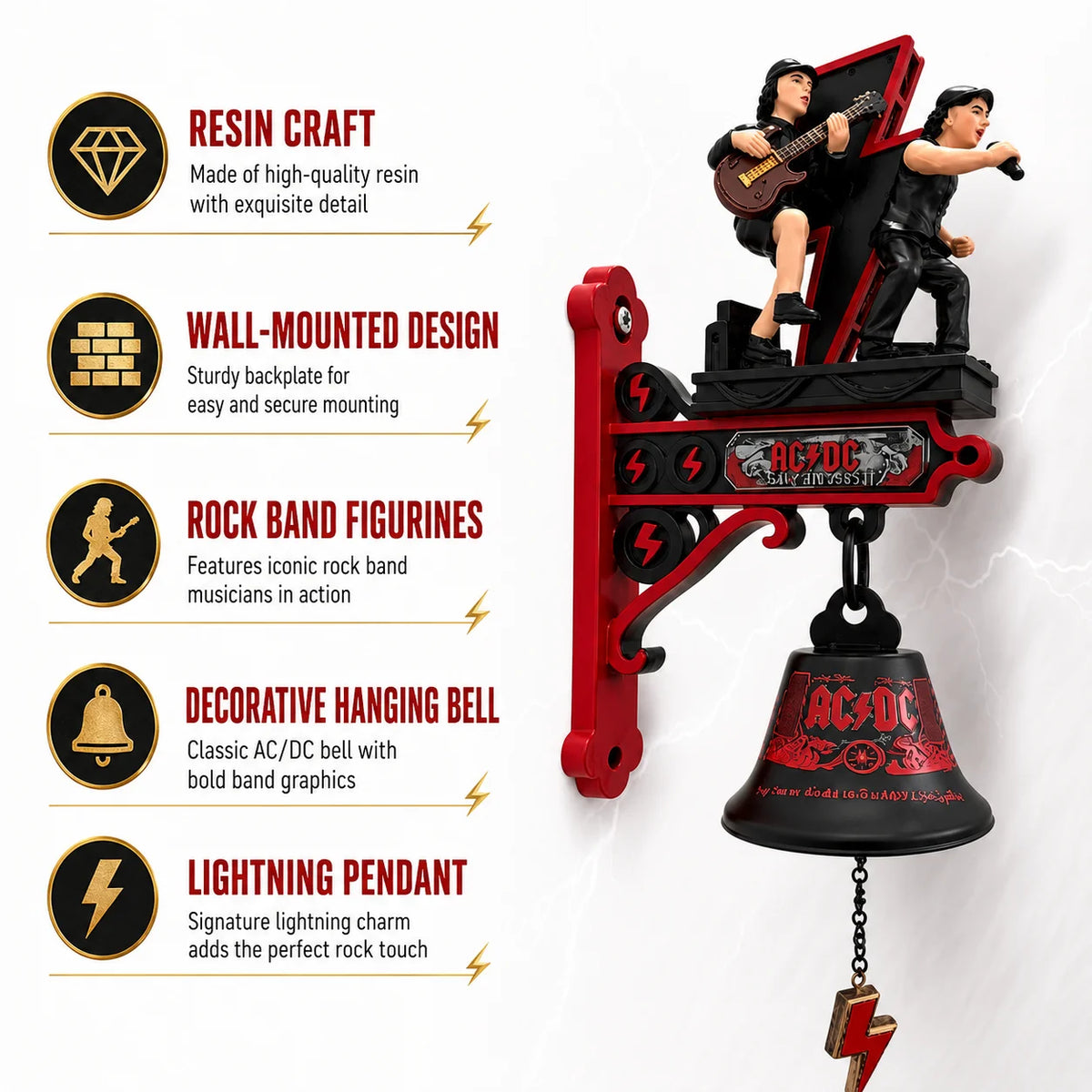 cloche décorative résine figurines ac/dc rock mural artisanal rouge noir foudre guitarist
