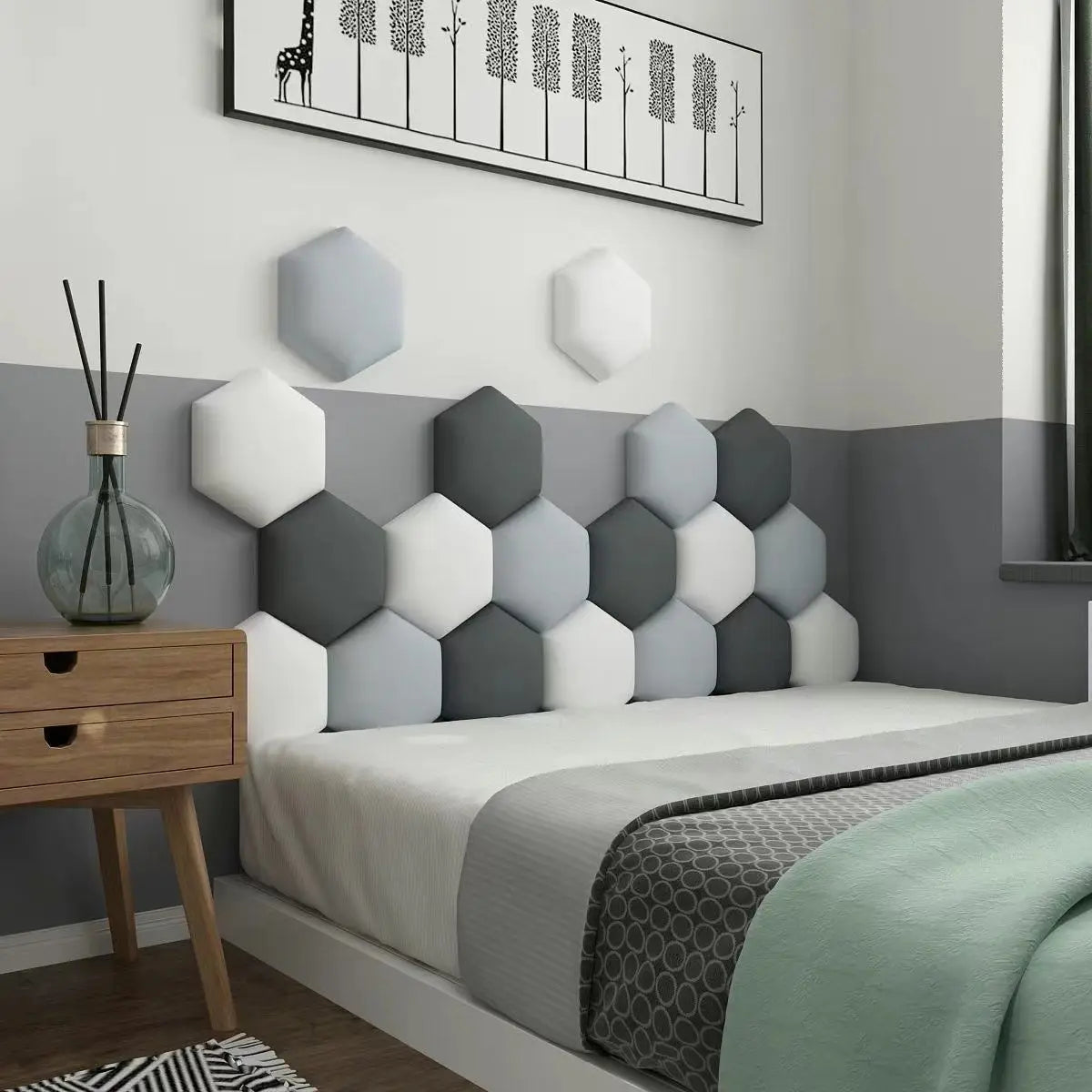 Panneau mural hexagonal en bois pour tête de lit style nordique