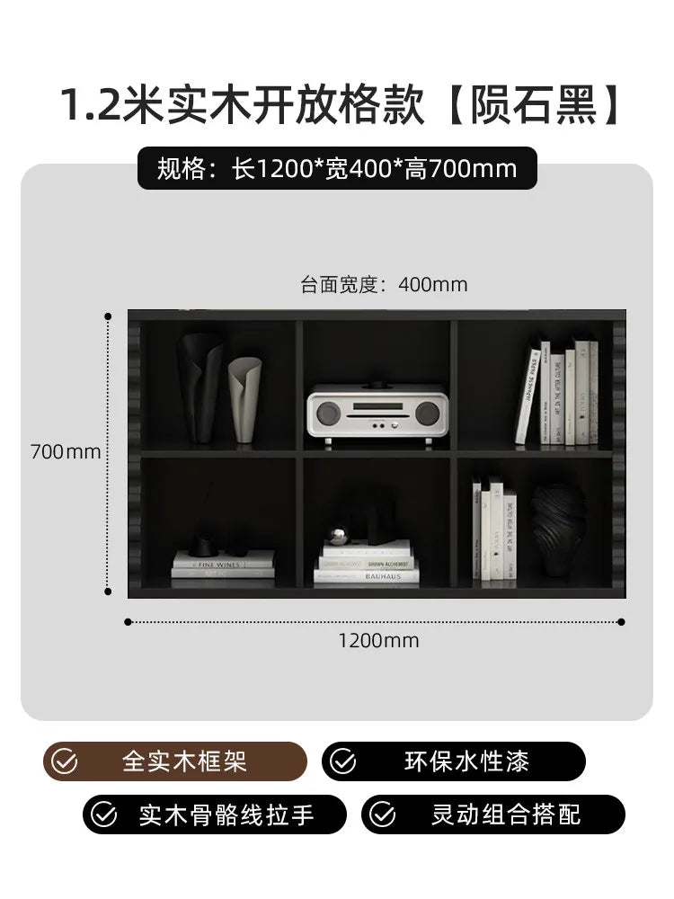 meuble rangement moderne bois blanc salon minimaliste livres vinyle vase lampe photo tapis