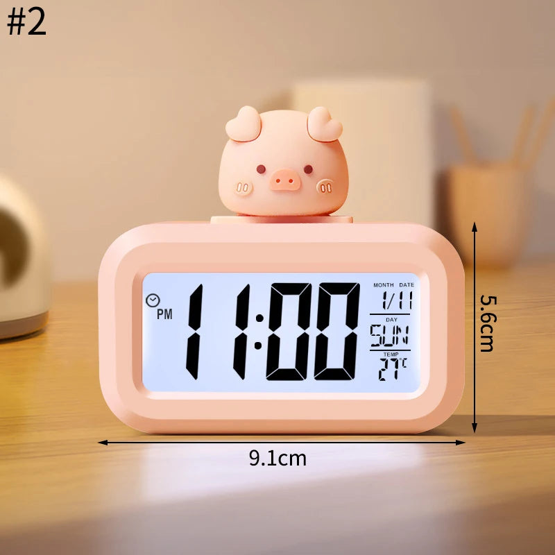 réveil horloge numérique led rose clair indicateur date température cochon figurine minimaliste