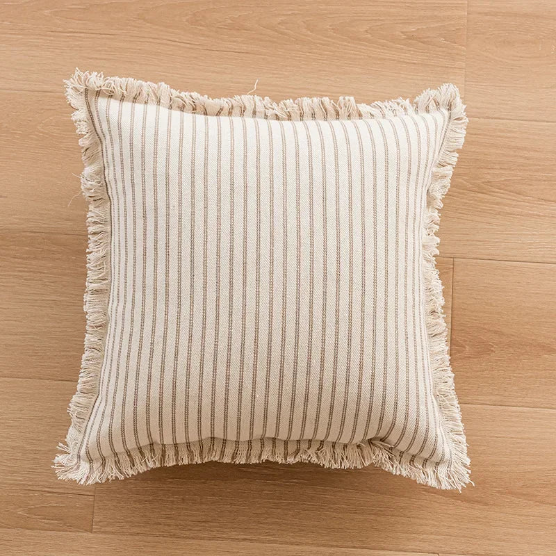 housse coussin beige motif géométrique brodé crocheté moderne amovible lavable boho chic