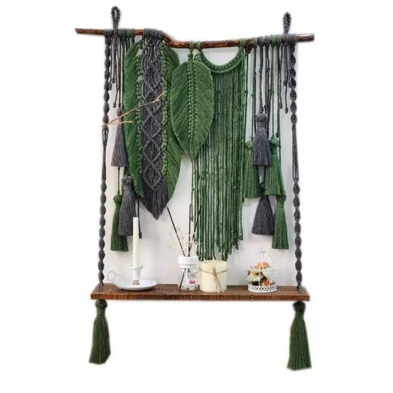 macramé boho chic étagère suspendue franges feuilles noeuds plantes vert gris bleu marron rose