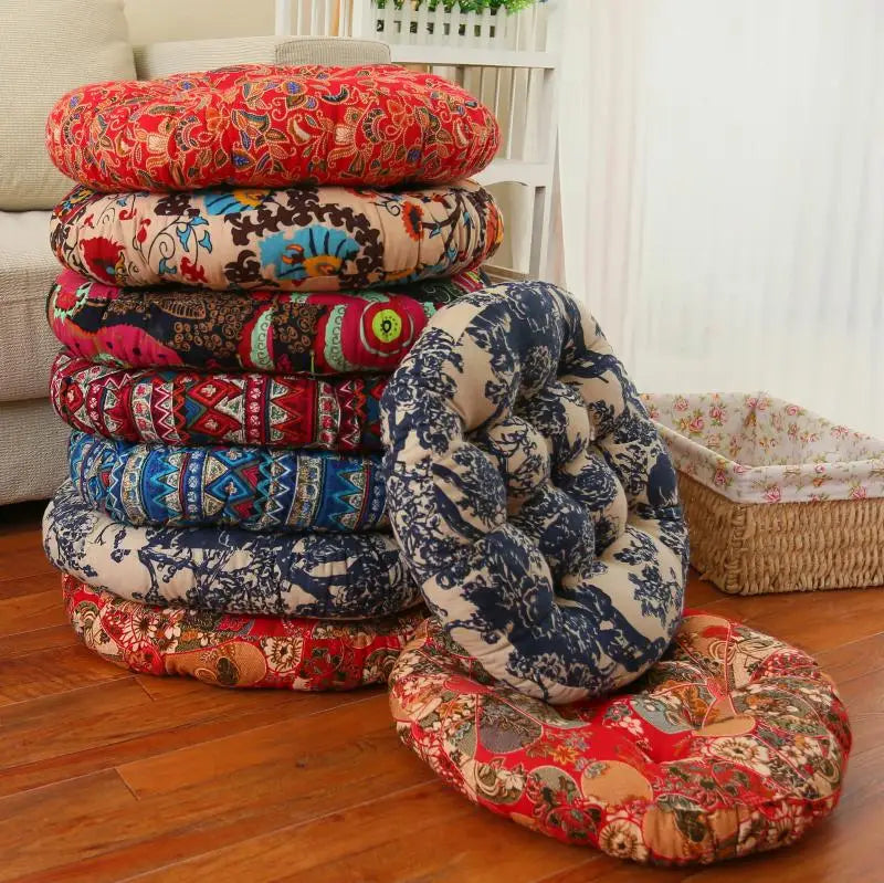 coussin rond multicolore motif floral ethnique opale fibre mélangée coton yoga salon thé