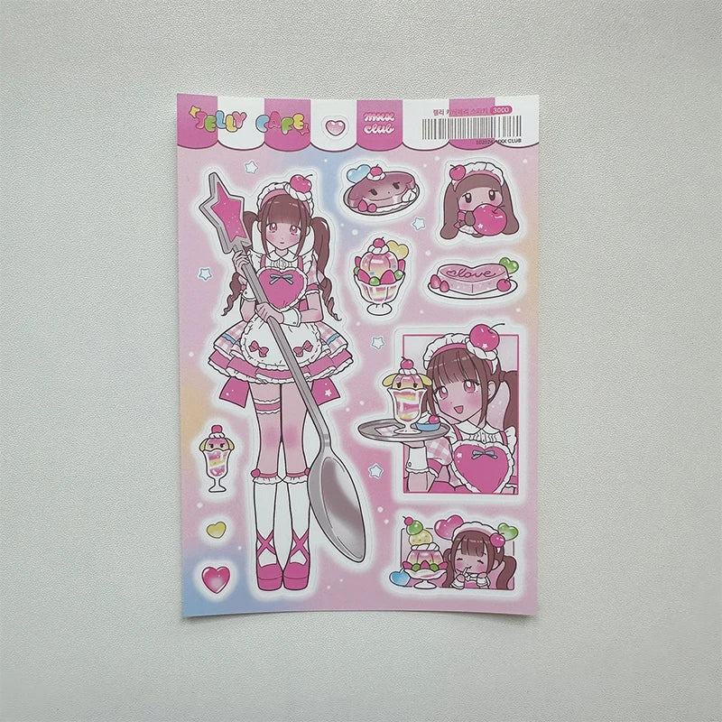 autocollants kawaii personnages dessins animés fruits coeurs notes musicales couleur rose blanc vert bleu