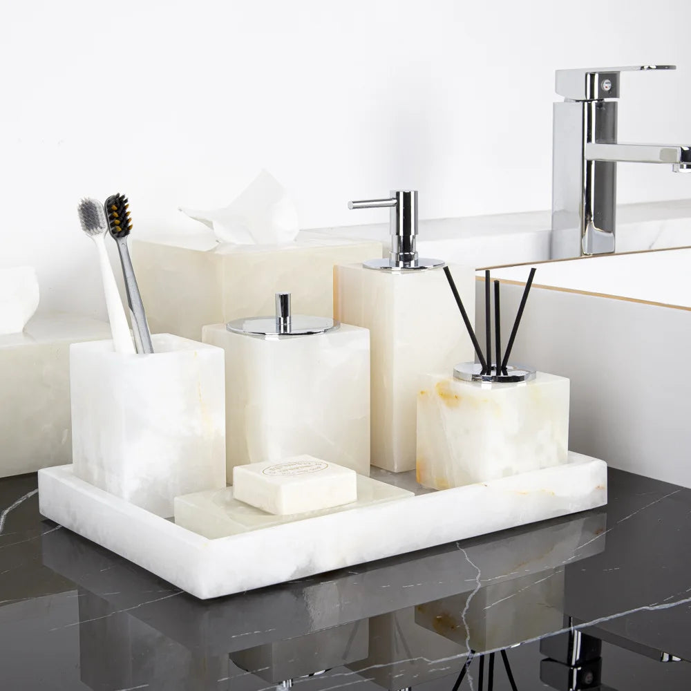 ensemble salle bain marbre onyx blanc distributeur savon porte brosse dents plateau luxe