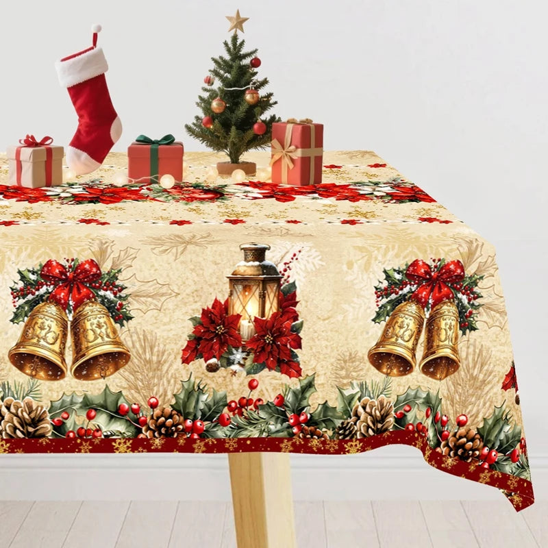 nappe table noël cloches dorées fleurs rouges feuilles vertes guirlandes flocons dorés classique