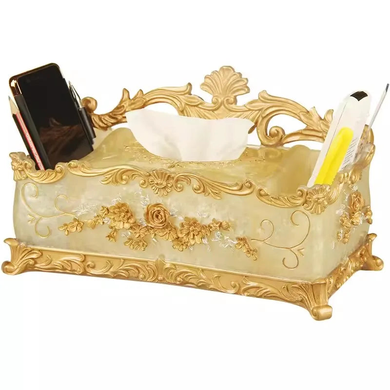 boîte mouchoirs baroque or ornements roses fleurs blanches smartphone parfum télécommande translucent