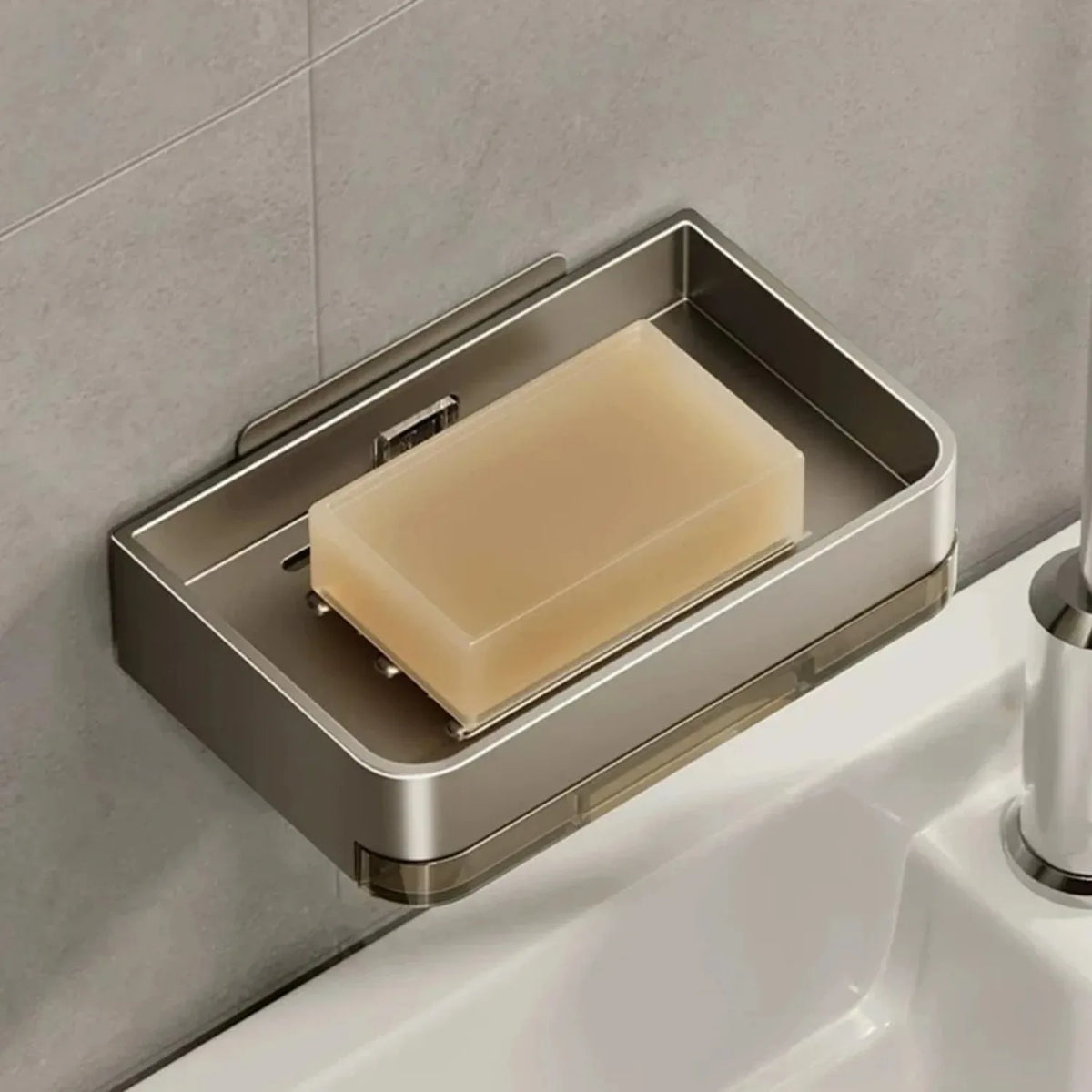 organisateur savon mural adhésif gris argenté moderne salle bain égouttoir strié lisse