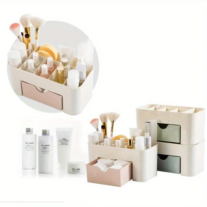 organisateur maquillage moderne minimaliste beige rose gris brosse pinceau flacon poudre nettoyage cosmétique minimaliste