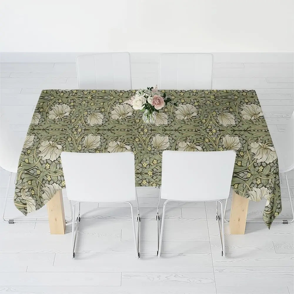 nappe fleurs stylisées art nouveau vert clair blanc rectangle polyester réutilisable table mangercoration festive