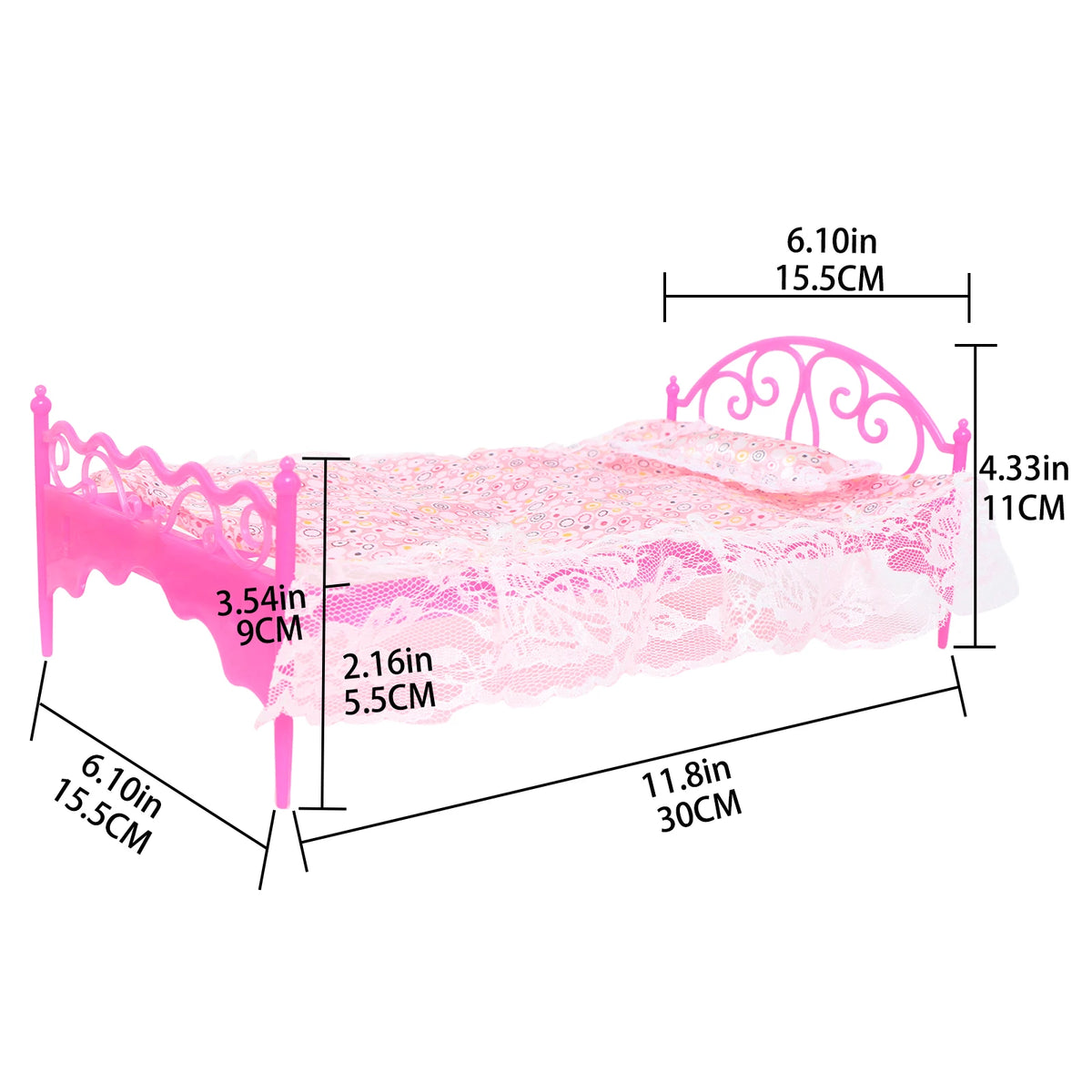 lit poupée rose fleurs blanches dentelle accessoires chambre oreiller coussin miroir tabouret peigne