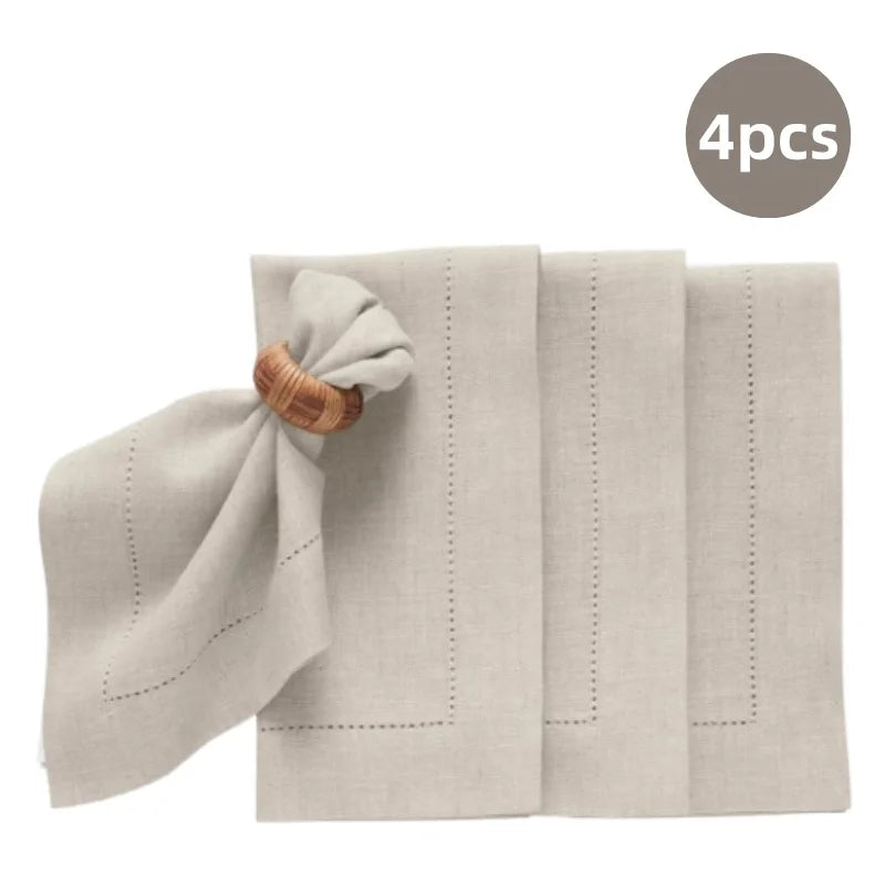 serviettes tissu lin brodé rustique beige feuilles vertes argentées fixations points cousus