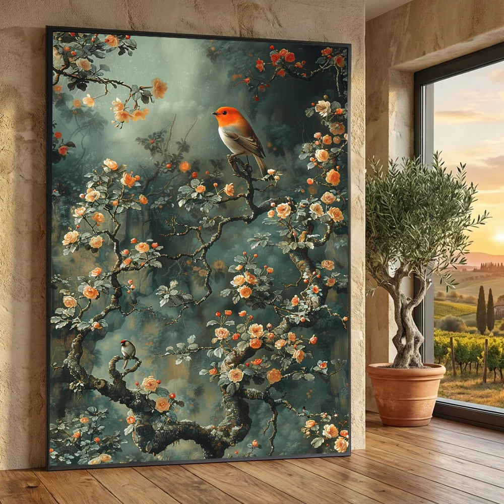 affiche artistique oiseau rouge fleurs blanches branches grises toile huile peinture salon décoration intérieure