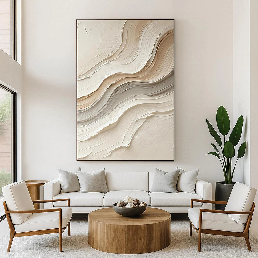 tableau abstrait moderne minimaliste toile vague beige salon décoration mur opaque sans cadre vertical