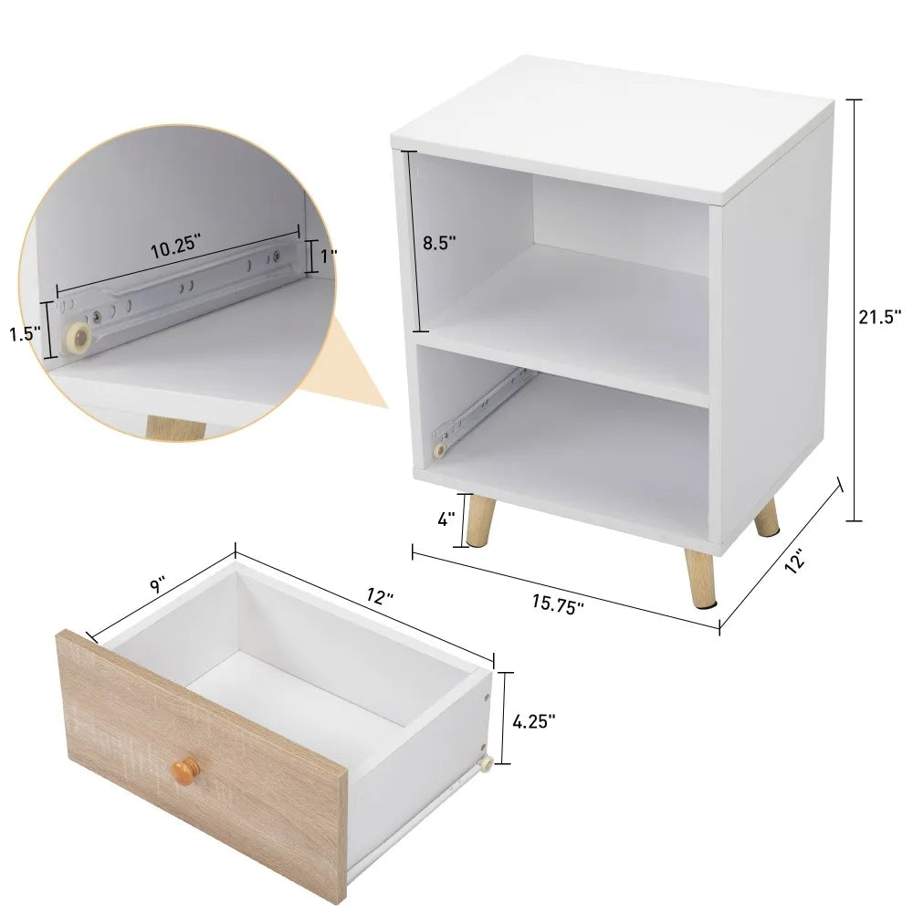 meuble chevet blanc moderne tiroir étagère ouverte imitation chêne pieds bois