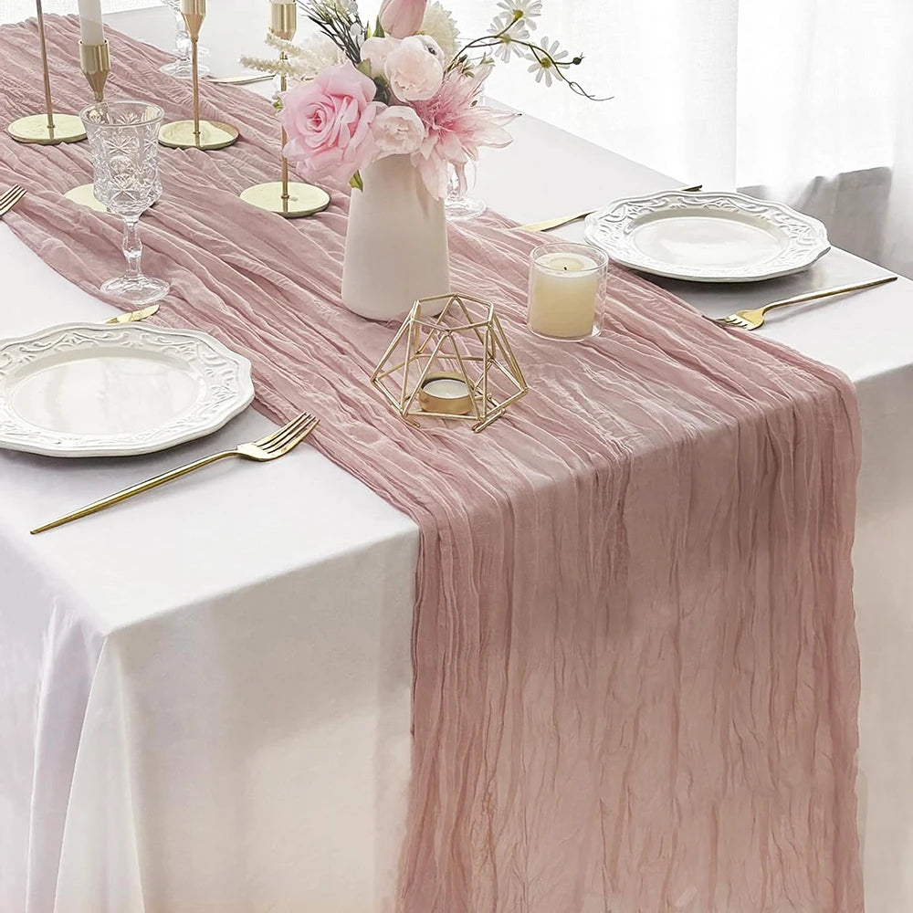 chemin table gaze coton rose pâle décoration mariage table boho rustique