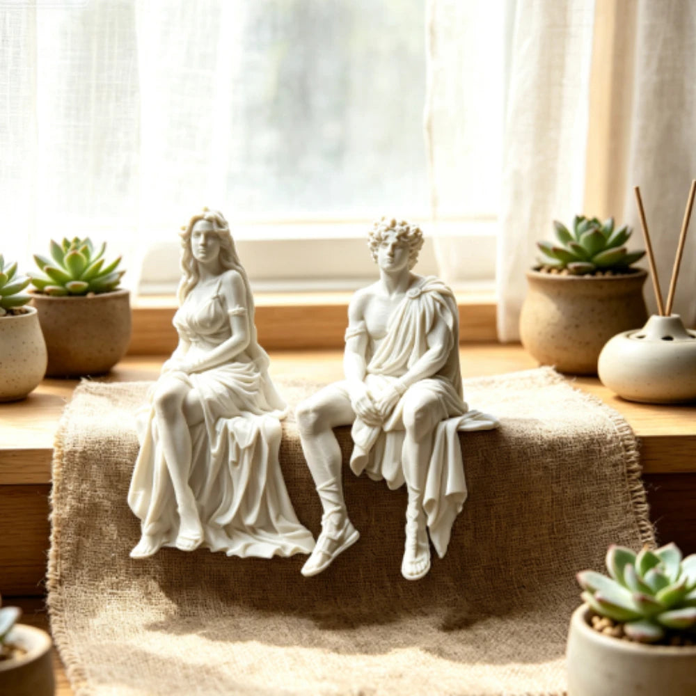 statuette grecque antique blanc draperies détaillées classique art décoratif étagère posée figurine homme femme