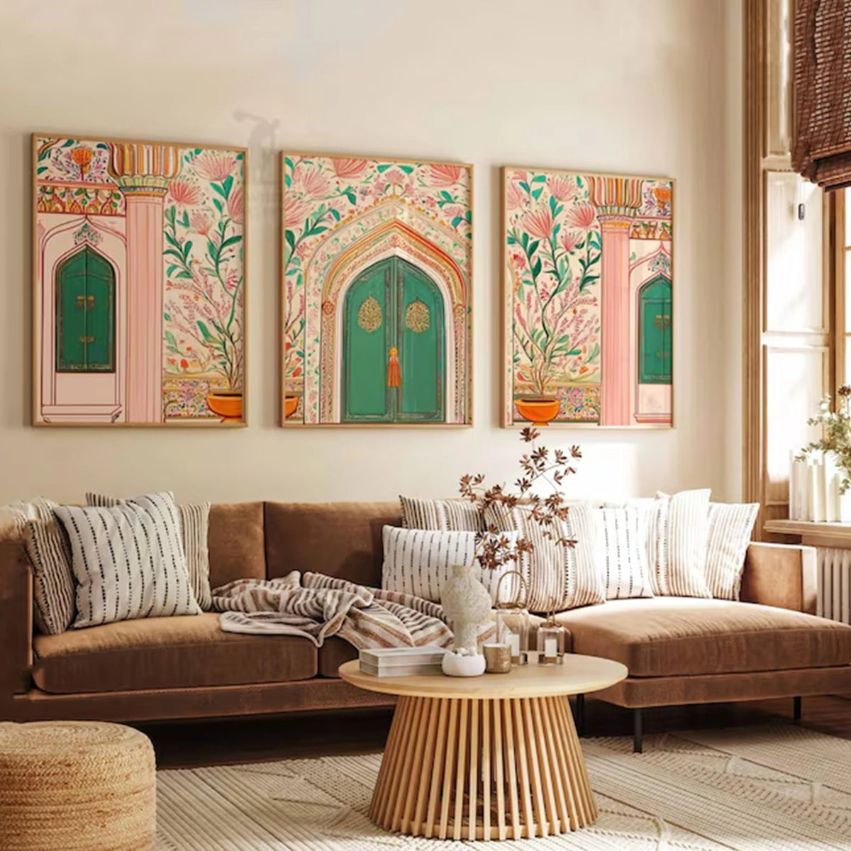 affiches murales décoratives florales arches bois vert rose beige chambre salon