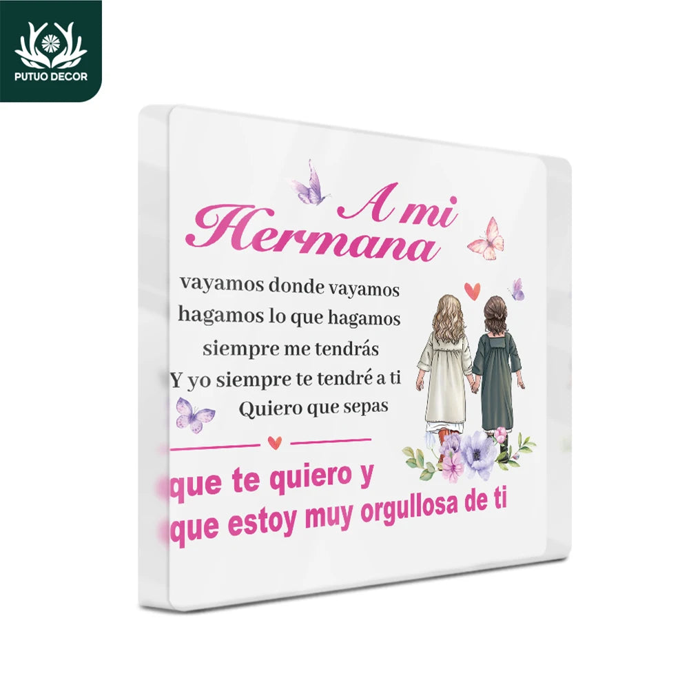 plaque decorative florale deux filles transparente moderne personnalisable texte espagnol decoration blanc rose verte