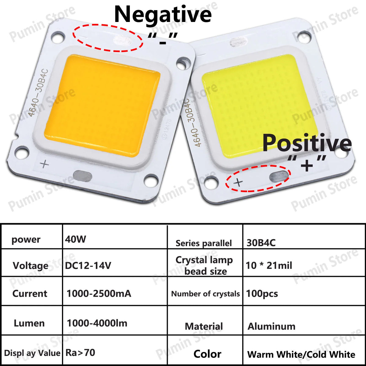 source LED 40W blanc chaud froid 46x40mm moderne matrice diodes aluminium