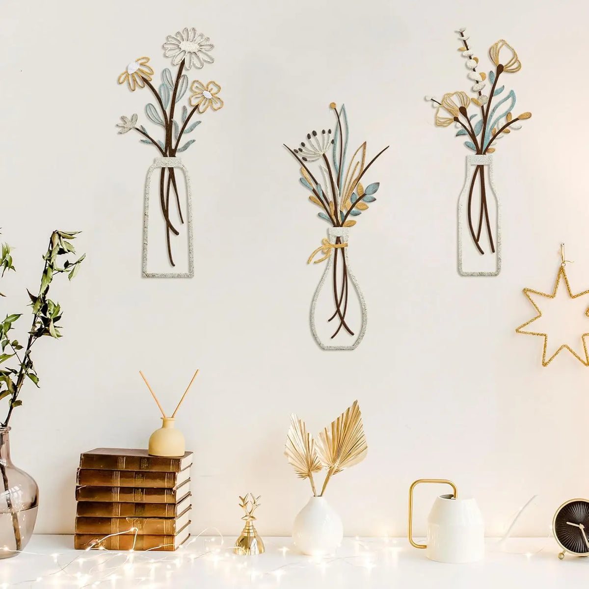 décoration murale moderne bouquet fleurs métal adhésifs blanc beige marron minimaliste chambre salon