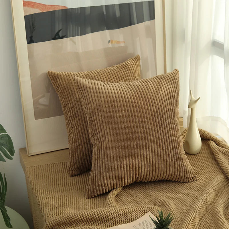 taies d'oreiller côtelées marron beige bleu moderne housse coussin lit chambre 45cm carré polyester