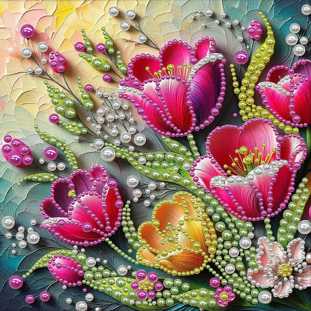 tableau décoratif fleurs coquillages art floral brillant rose violet bleu vert blanc moderne adultes