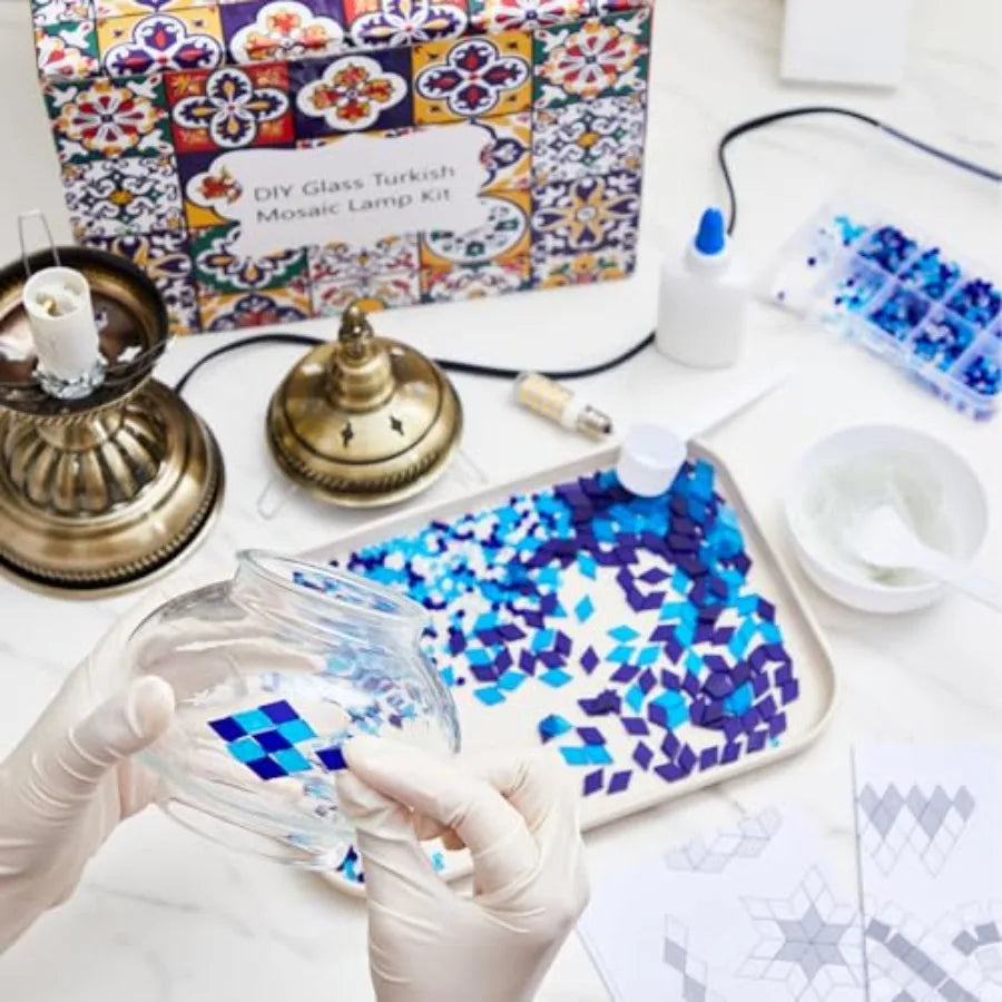 kit diy lampe turque mosaïque verre bleu blanc doré étoile losange transparent artisanal