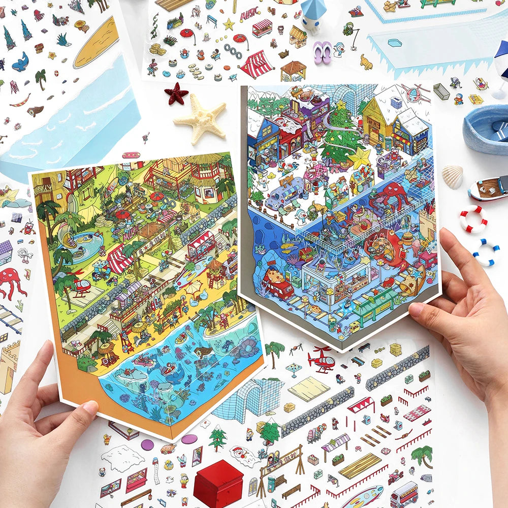 puzzle multicolore scènes plage ville sous marin illustratif cartoon pièces étoiles coquillage ancre