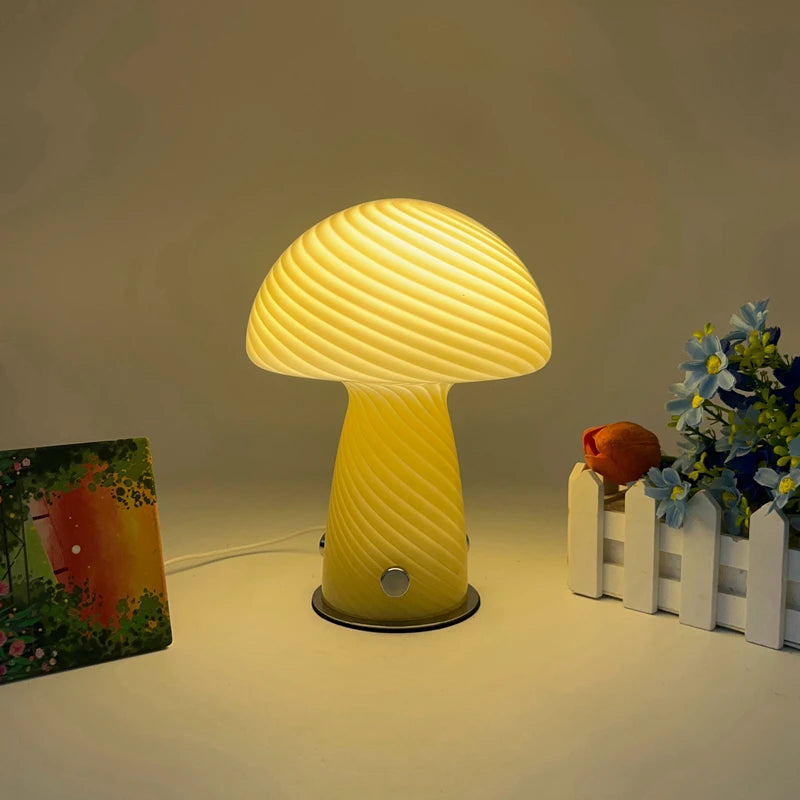 lampe led forme champignon rayées moderne rose jaune base plate interrupteur câble alimentation