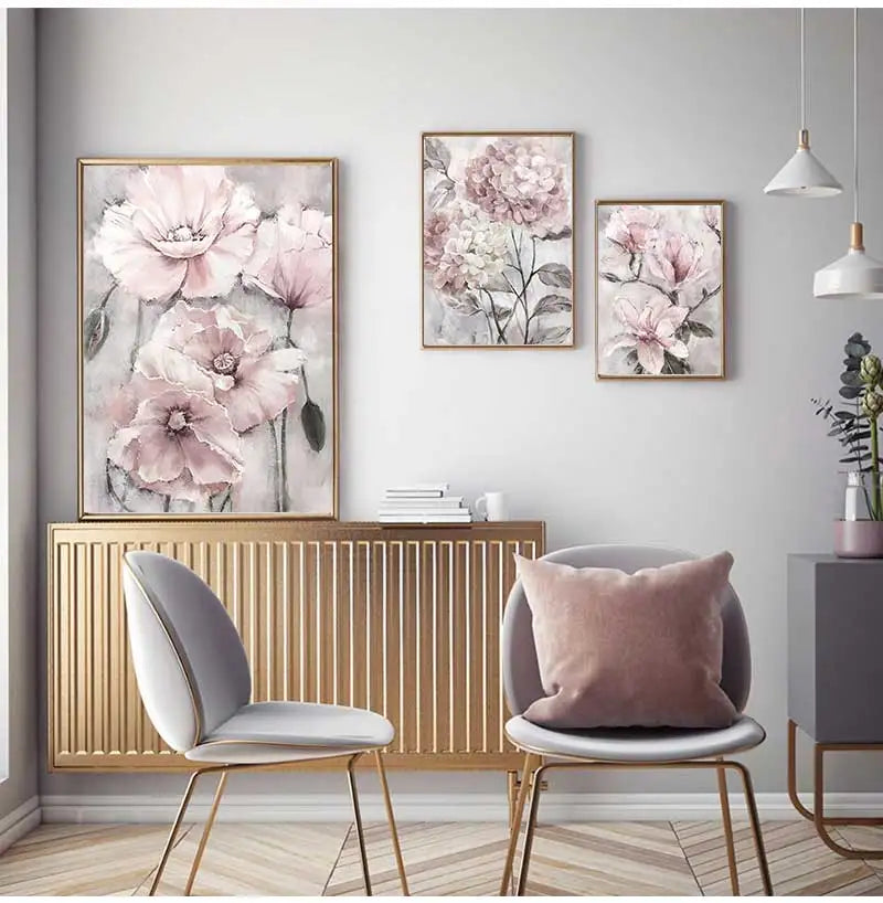 toile d'art moderne minimaliste fleurs abstraites rose blanche grise sans cadre chambre salon decoration