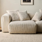 canapé modulaire velours rayures beige clair moderne salon bois oreillers minimaliste
