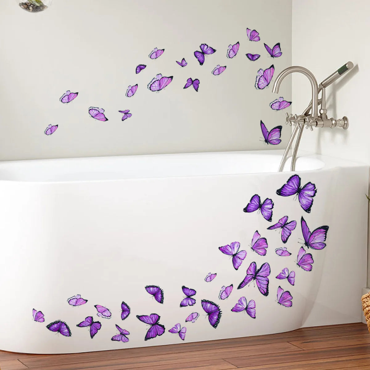 sticker mural decoratif papillon violet bleu effet aquarelle salle bain boheme adhesif nature
