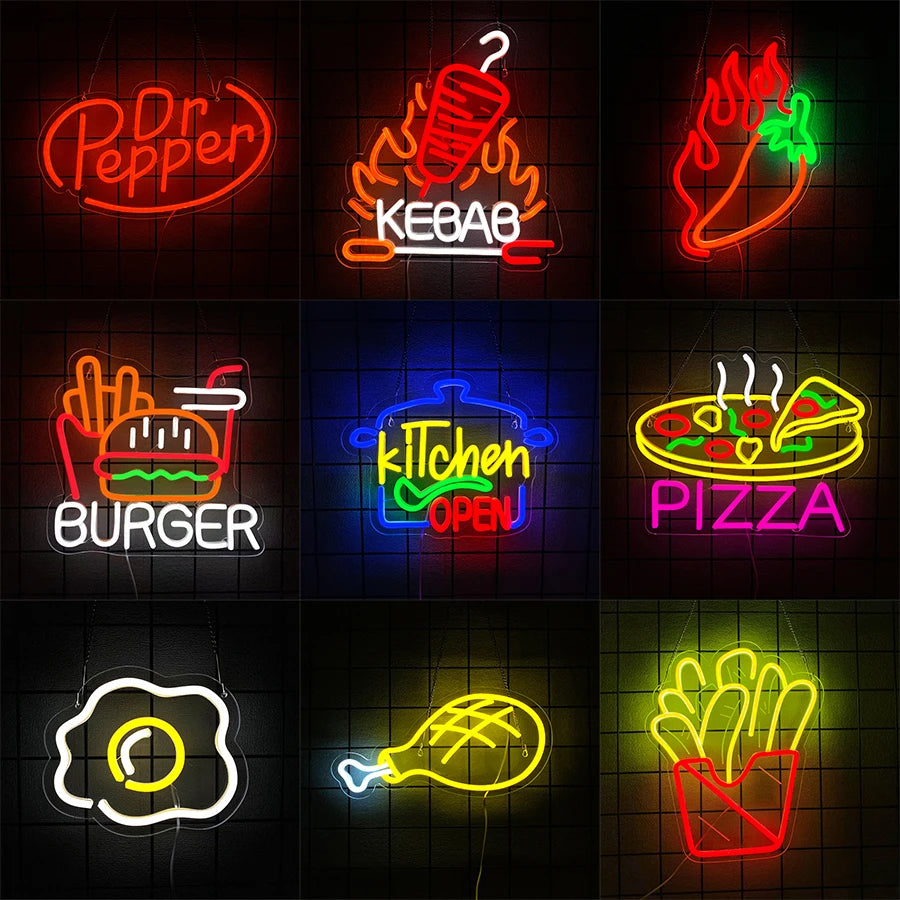 enseigne néon burger kebab pizza dr pepper hot moderne rétro cuisine affaires